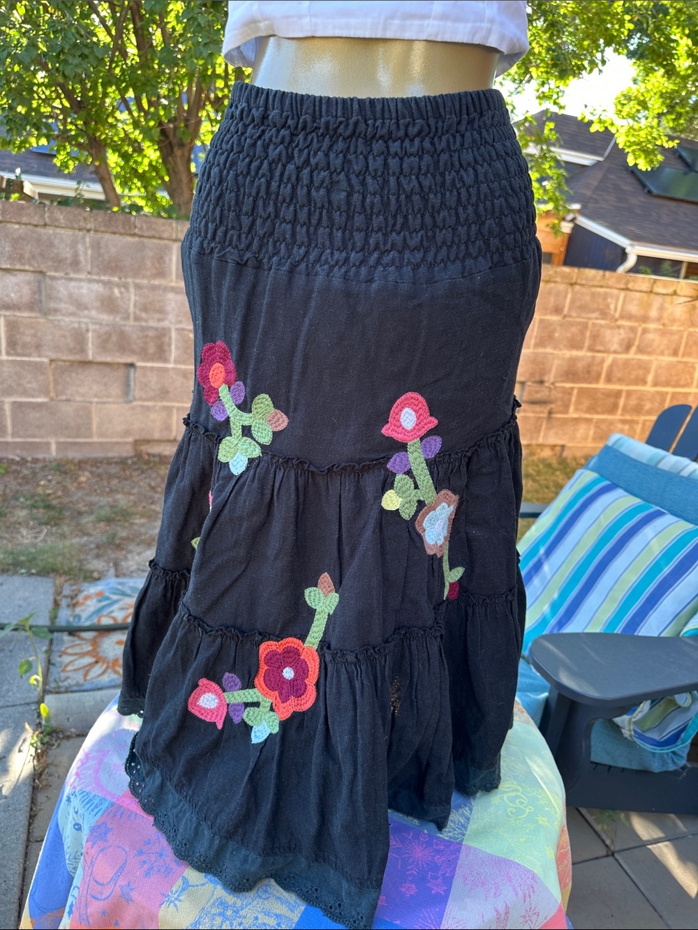 Saint Tropez West Black Tiered Maxi Skirt with Multicolor Floral Appliqué